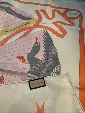 Gucci Silk Scarf with Crane Motif in Pink, Gray & Orange